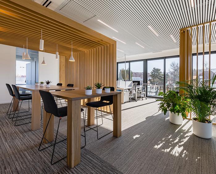 Espace de travail aménagé : tables hautes en bois, claustras et lumière naturelle